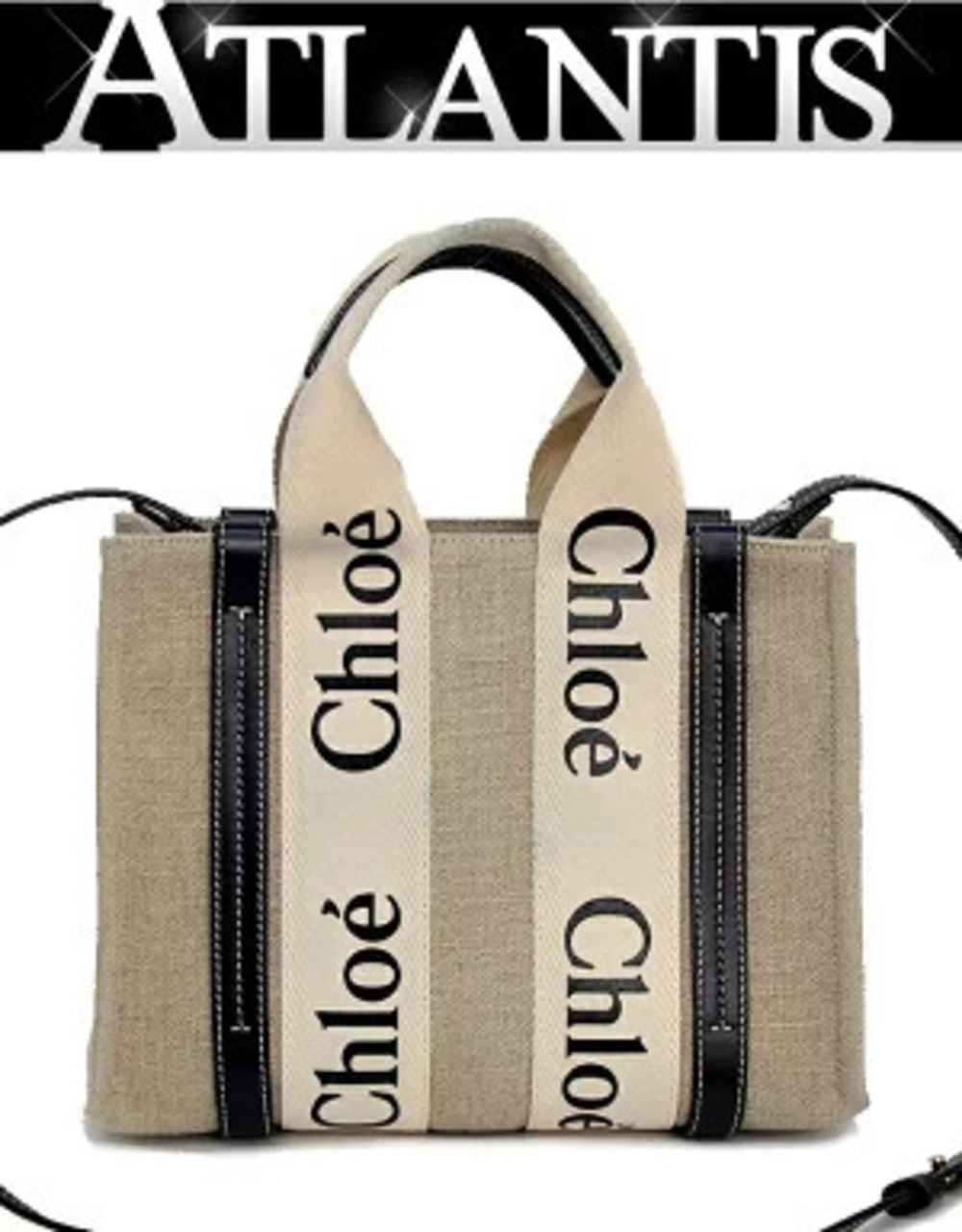 Chloe Woody Handbag Tote Bag Canvas Beige Cream x Brown